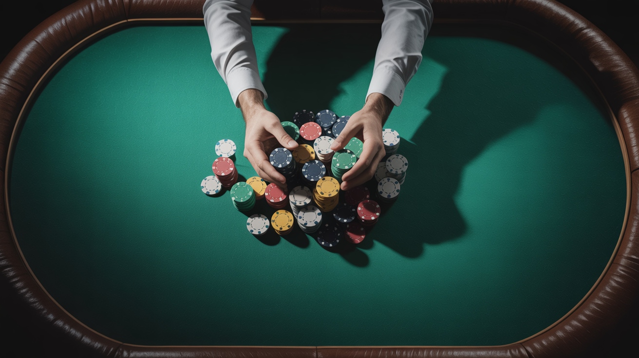 Poker chips being pushed forward on the felt