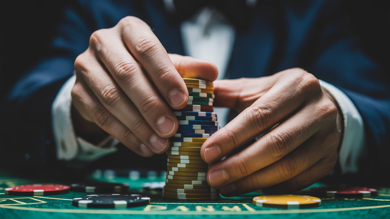 Hands expertly shuffling poker chips